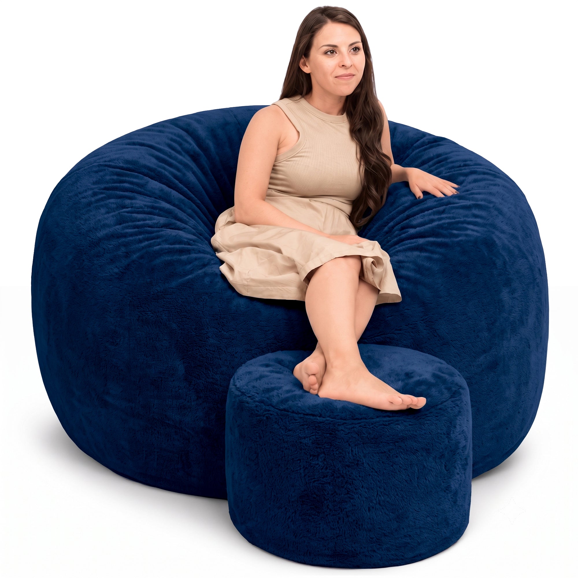 Ultimate Sack 5 Ft Foam Filled Fur Covered Bean Bag Chair with Footstool, Navy