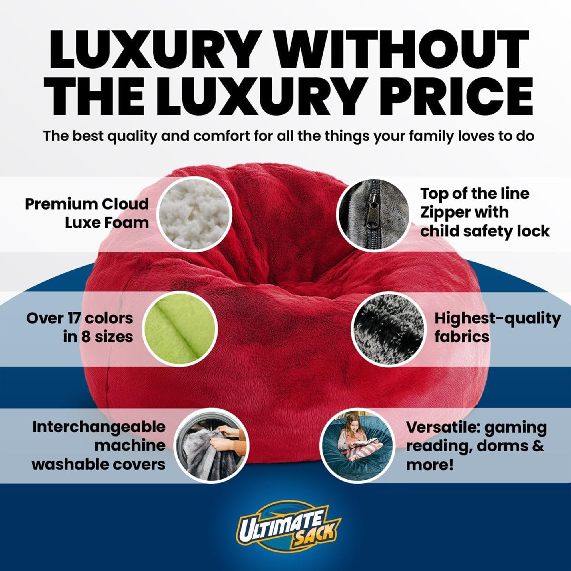Ultimate Sack 5 Foot Foam Filled Washable Fur Covered Bean Bag Chair, Pink