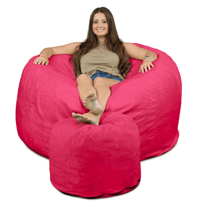Ultimate Sack 5 Ft Foam Filled Fur Covered Bean Bag Chair with Footstool, Pink - VMInnovations