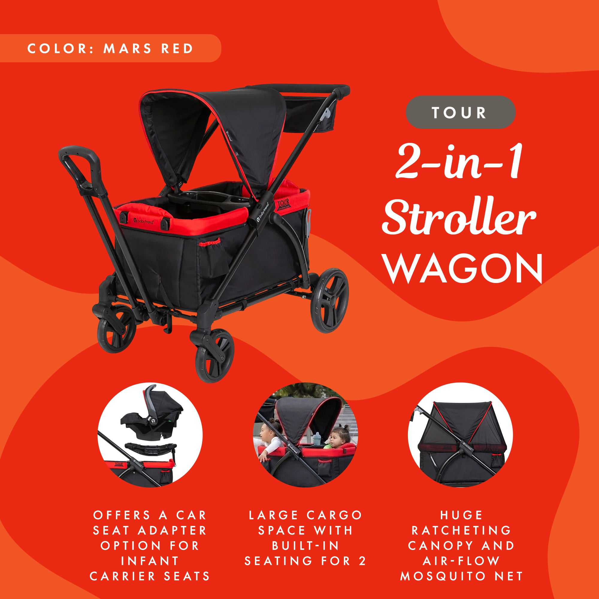 Baby Trend Tour 2-in-1 Push or Pull Stroller Wagon, 2-Seater w/ Canopy, Mars Red - VMInnovations
