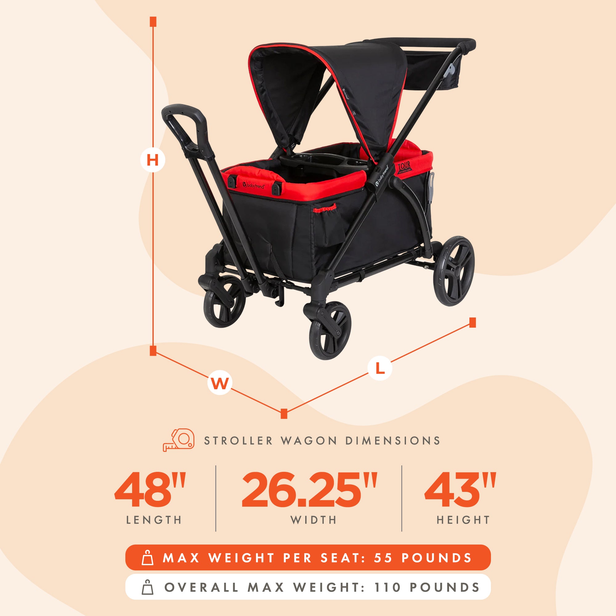 Baby Trend Tour 2-in-1 Push or Pull Stroller Wagon, 2-Seater w/ Canopy, Mars Red - VMInnovations