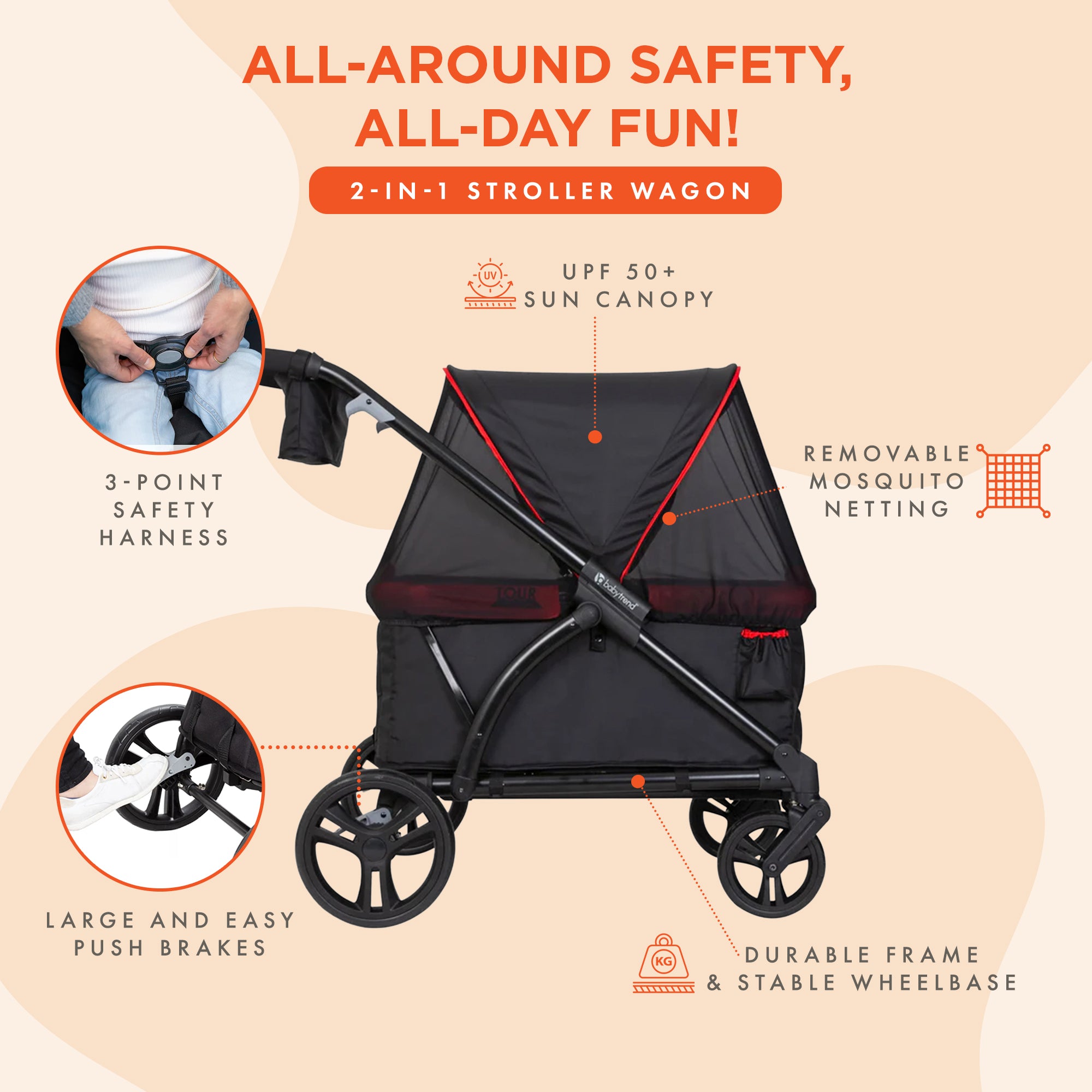 Baby Trend Tour 2-in-1 Push or Pull Stroller Wagon, 2-Seater w/ Canopy, Mars Red - VMInnovations