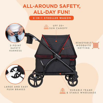 Baby Trend Tour 2-in-1 Push or Pull Stroller Wagon, 2-Seater w/ Canopy, Mars Red - VMInnovations