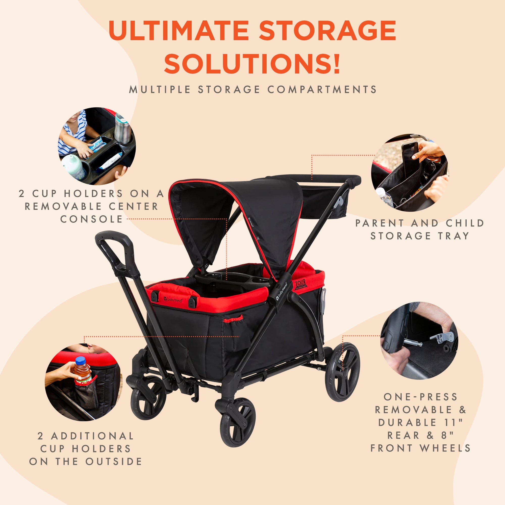 Baby Trend Tour 2-in-1 Push or Pull Stroller Wagon, 2-Seater w/ Canopy, Mars Red - VMInnovations