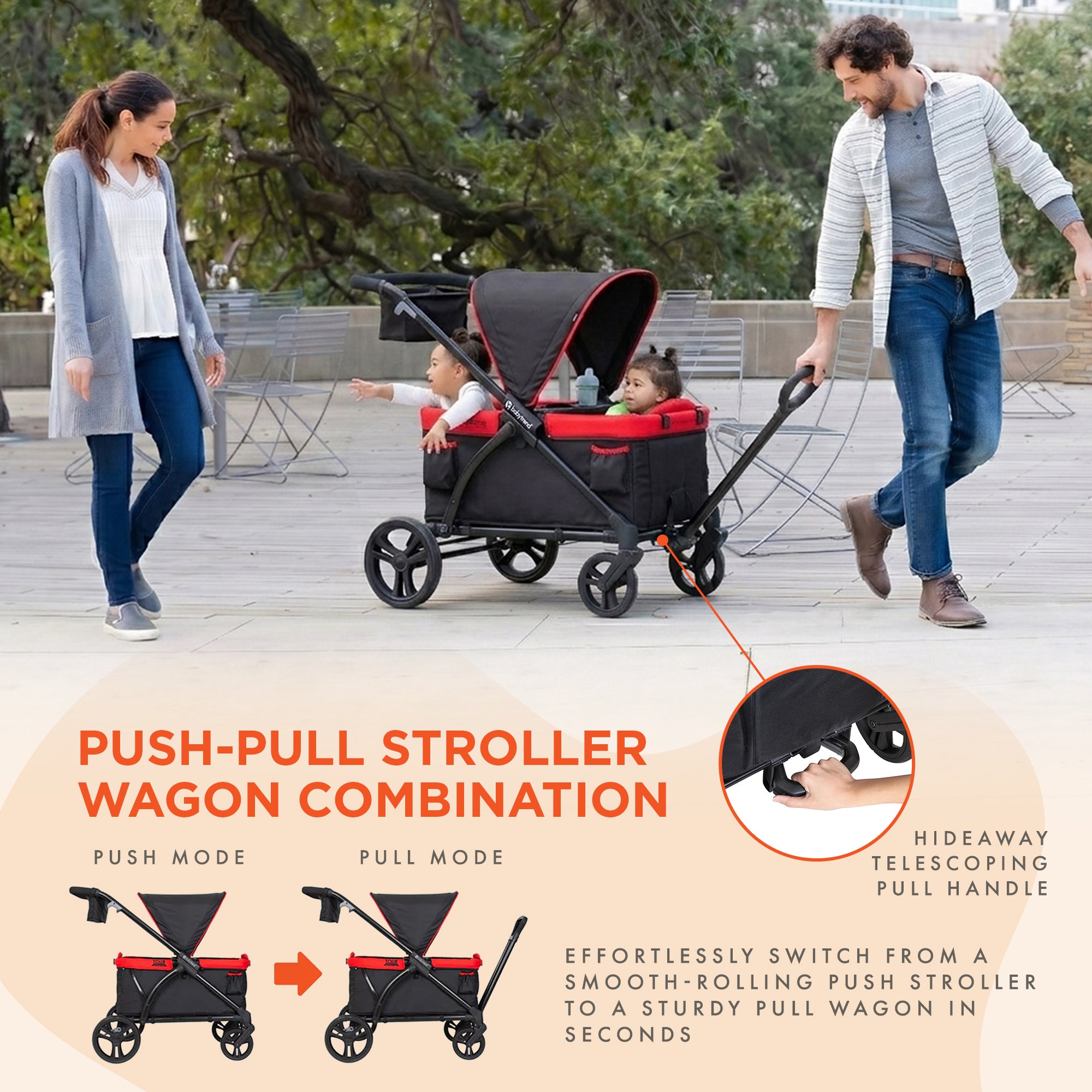 Baby Trend Tour 2-in-1 Push or Pull Stroller Wagon, 2-Seater w/ Canopy, Mars Red - VMInnovations