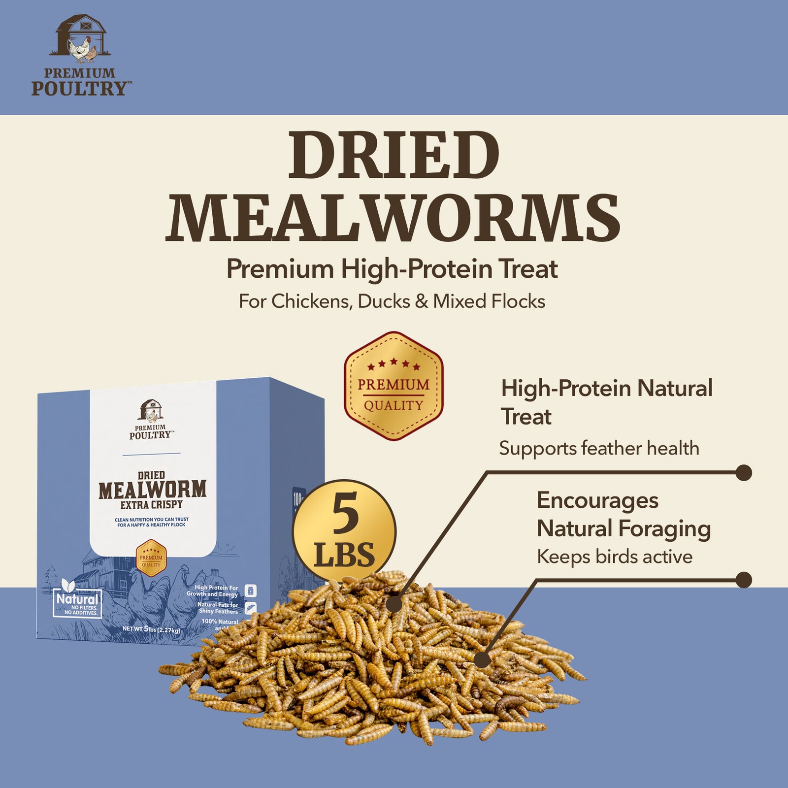 Premium Poultry 5 Pound Dried Mealworms Natural High Protein Chicken Feed Treat - VMInnovations