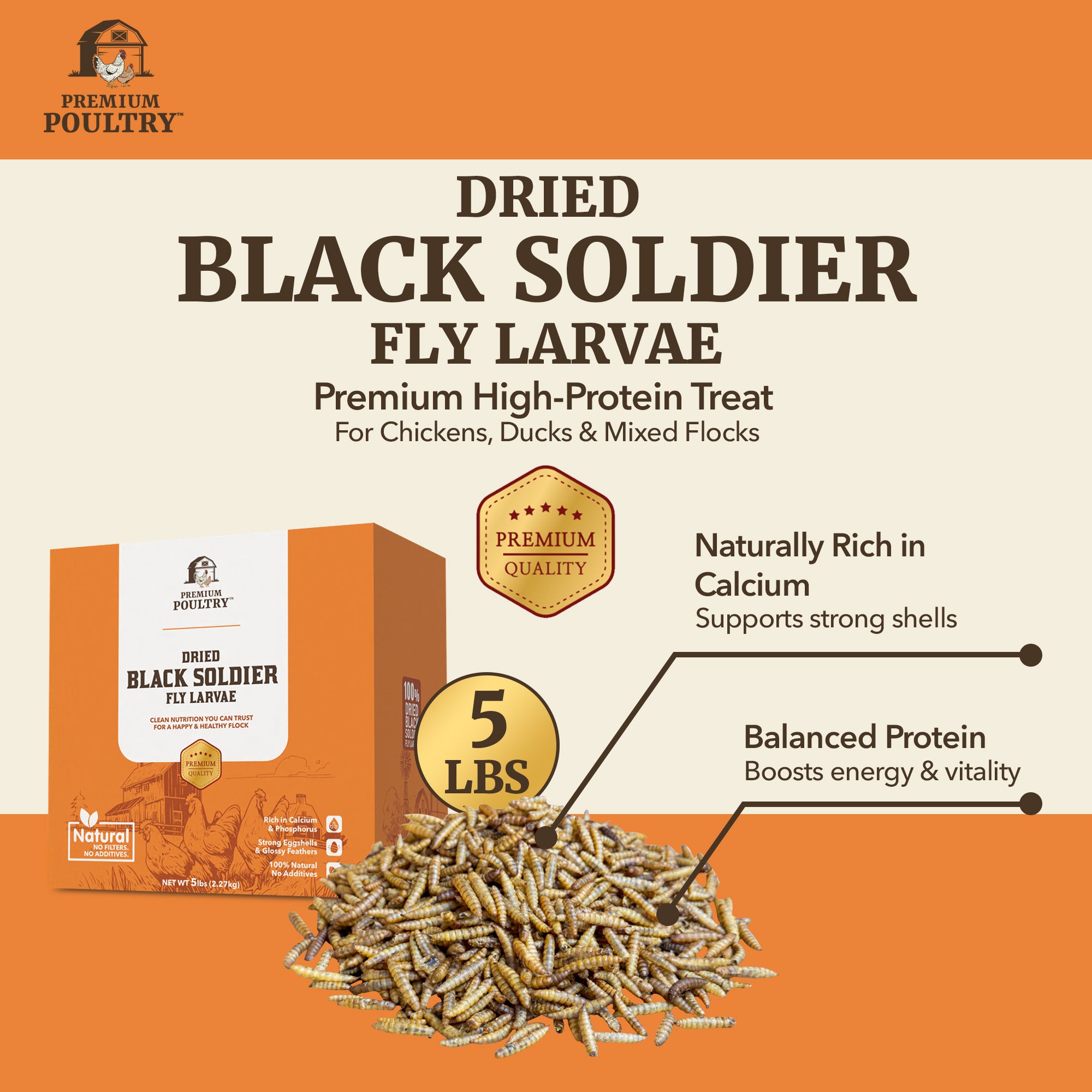 Premium Poultry 20 lb Dried Black Soldier Fly Larvae Chicken Feed Protein Treats
