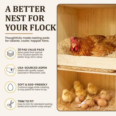 Premium Poultry 20-Pack Aspen Nesting Pads for Chicken Coop Nest Boxes, Tan - VMInnovations