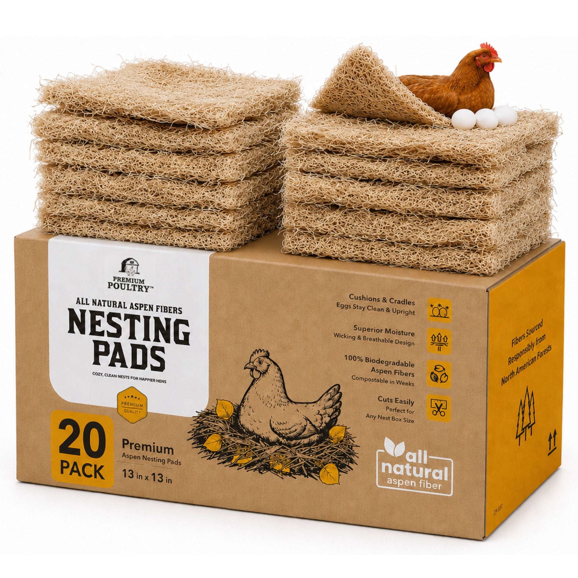 Premium Poultry 20-Pk Aspen Nesting Pads for Chicken Coop Nest Boxes, (Open Box)