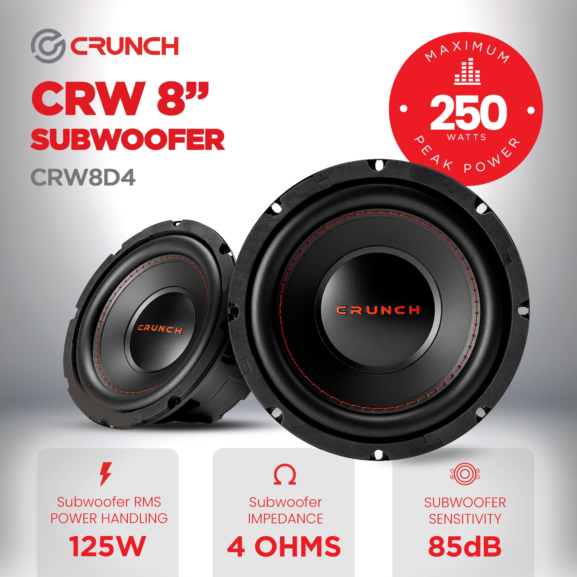 Crunch CRW8D4 8 Inch 250 Watt MAX 4 Ohm Dual Voice Coil Car Subwoofer Speaker - VMInnovations