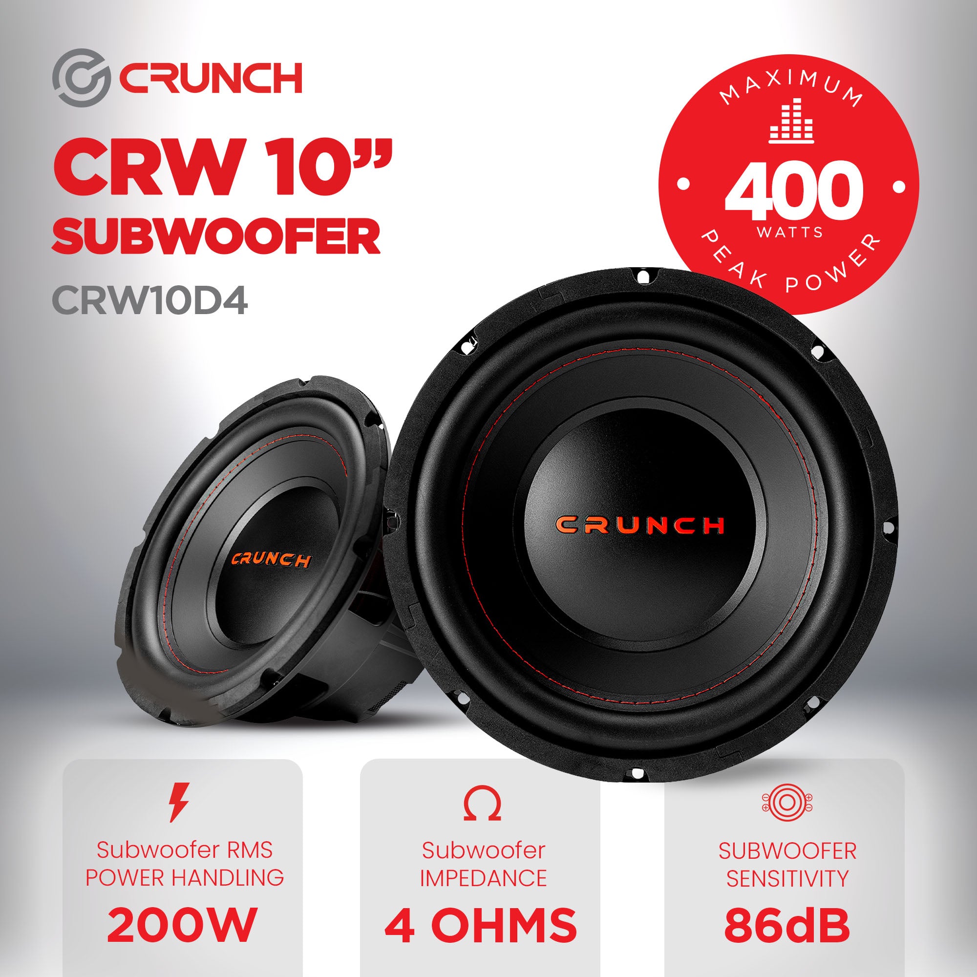 Crunch CRW10D4 10 Inch 400 Watt MAX 4 Ohm Dual Voice Coil Car Subwoofer Speaker - VMInnovations