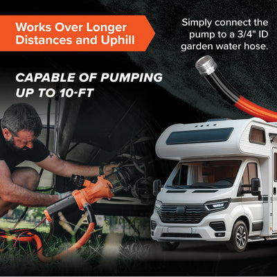 Rhino Sewer Macerator Pump System for Campers or RVs with 4-in-1 Adapter, Orange