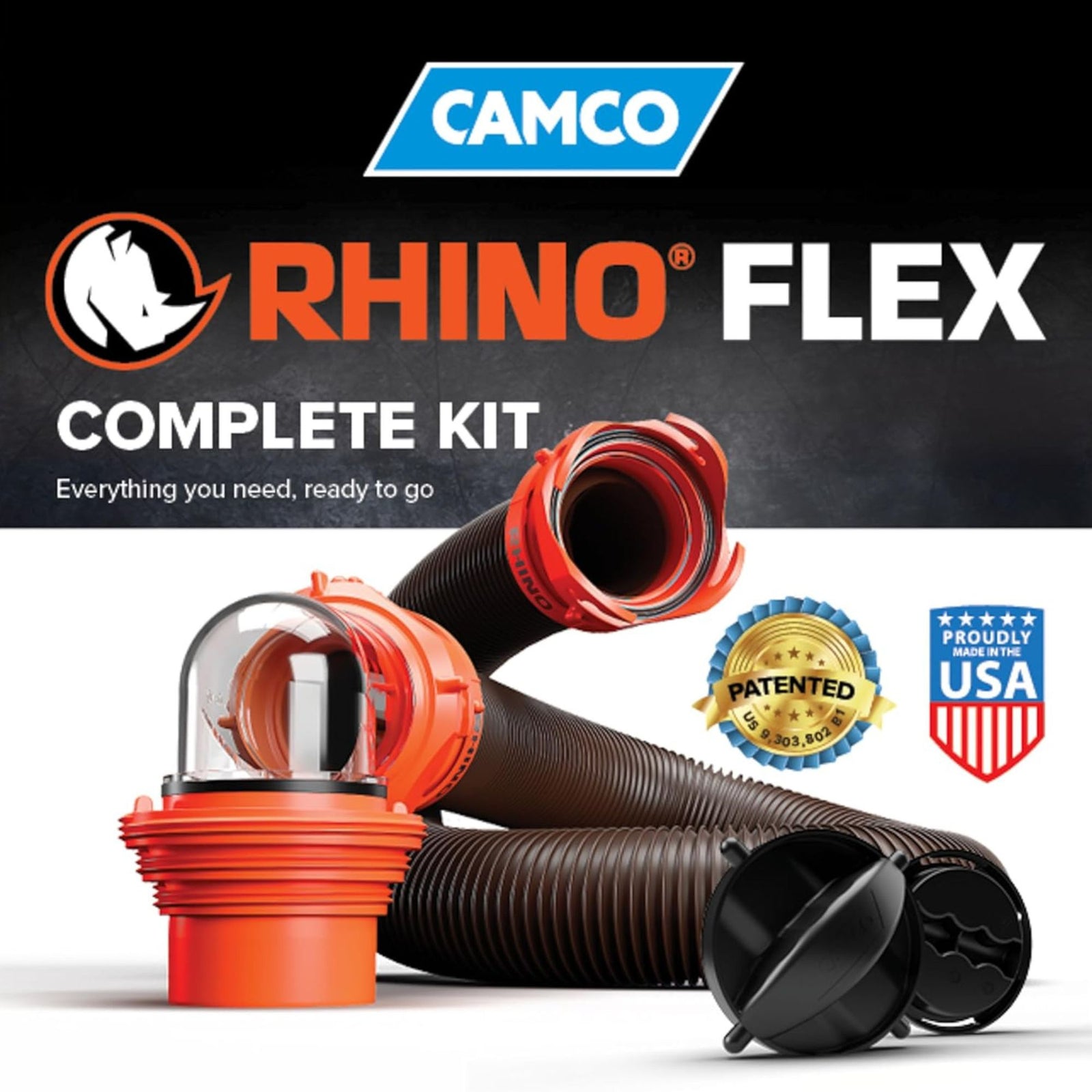 Camco RhinoFLEX 15 Ft RV Sewer Hose Kit with Clear Elbow and Adapter (Open Box) - VMInnovations