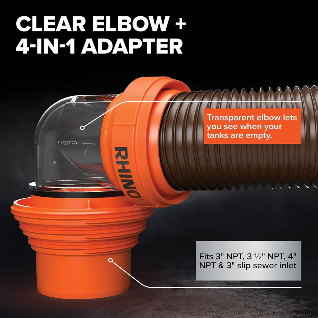 Camco RhinoFLEX 15 Ft RV Sewer Hose Kit with Clear Elbow and Adapter (Open Box) - VMInnovations