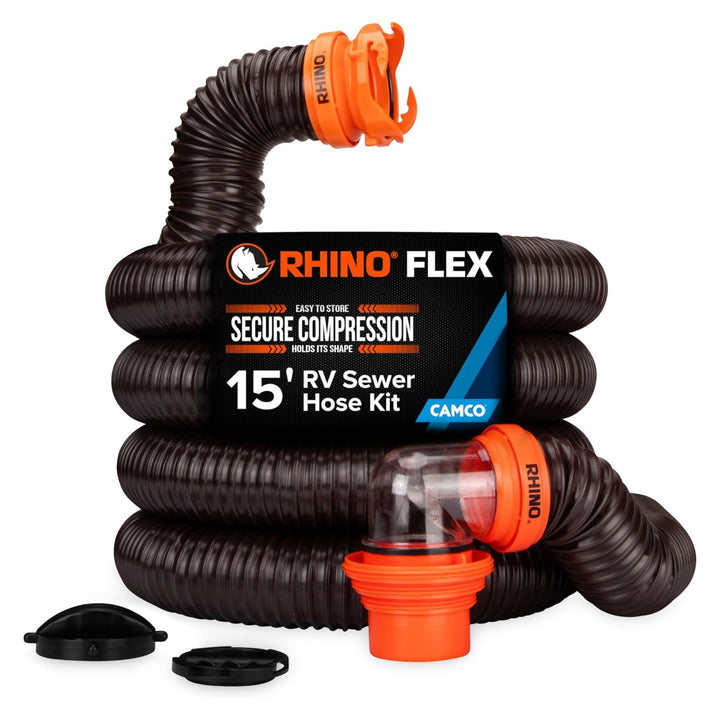 Camco RhinoFLEX 15 Ft RV Sewer Hose Kit with Clear Elbow and Adapter (Open Box) - VMInnovations