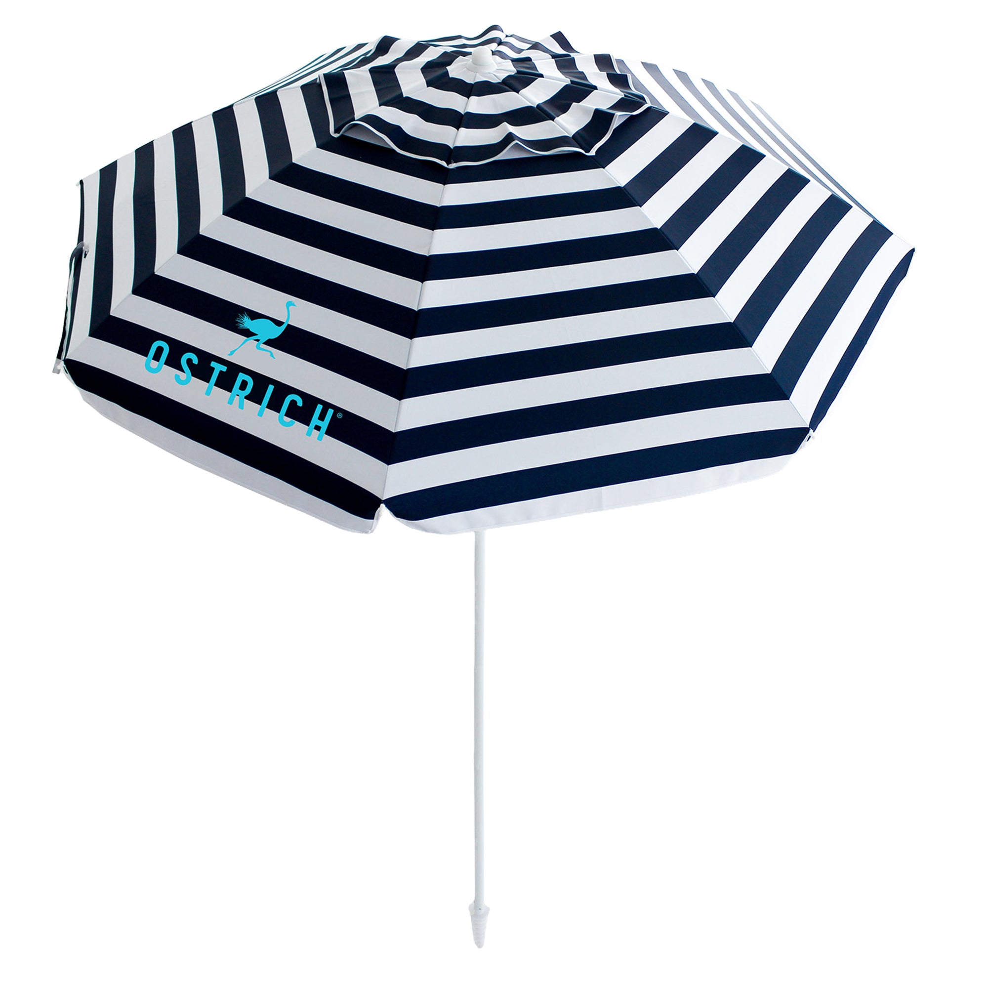 Ostrich The Deluxe Umbrella, 7 ft Beach Umbrella w/Sand Auger, Navy Blue Stripe - VMInnovations