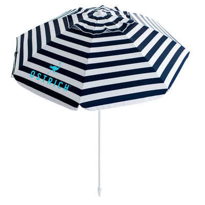 Ostrich The Deluxe Umbrella, 7 ft Beach Umbrella w/Sand Auger, Navy Blue Stripe - VMInnovations