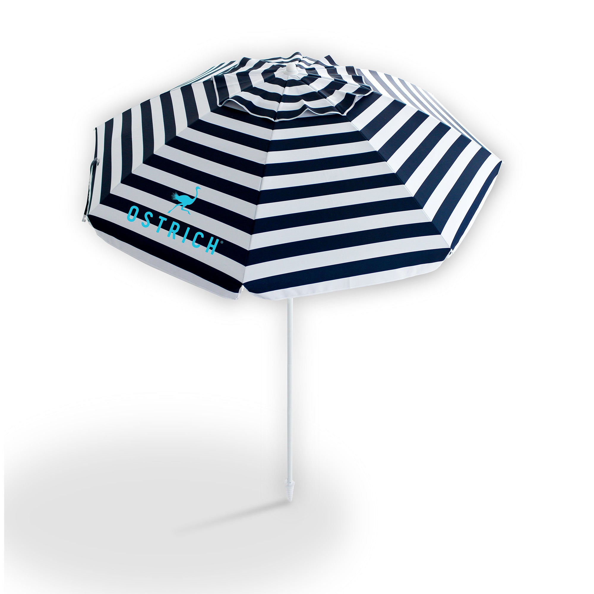 Ostrich The Deluxe Umbrella, 7 ft Beach Umbrella w/Sand Auger, Navy Blue Stripe