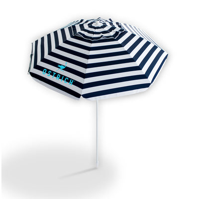 Ostrich The Deluxe Umbrella, 7 ft Beach Umbrella w/Sand Auger, Navy Blue Stripe
