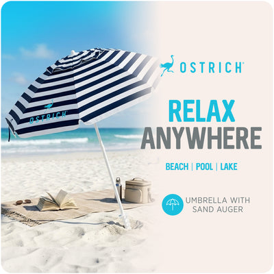 Ostrich The Deluxe Umbrella, 7 ft Beach Umbrella w/Sand Auger, Navy Blue Stripe