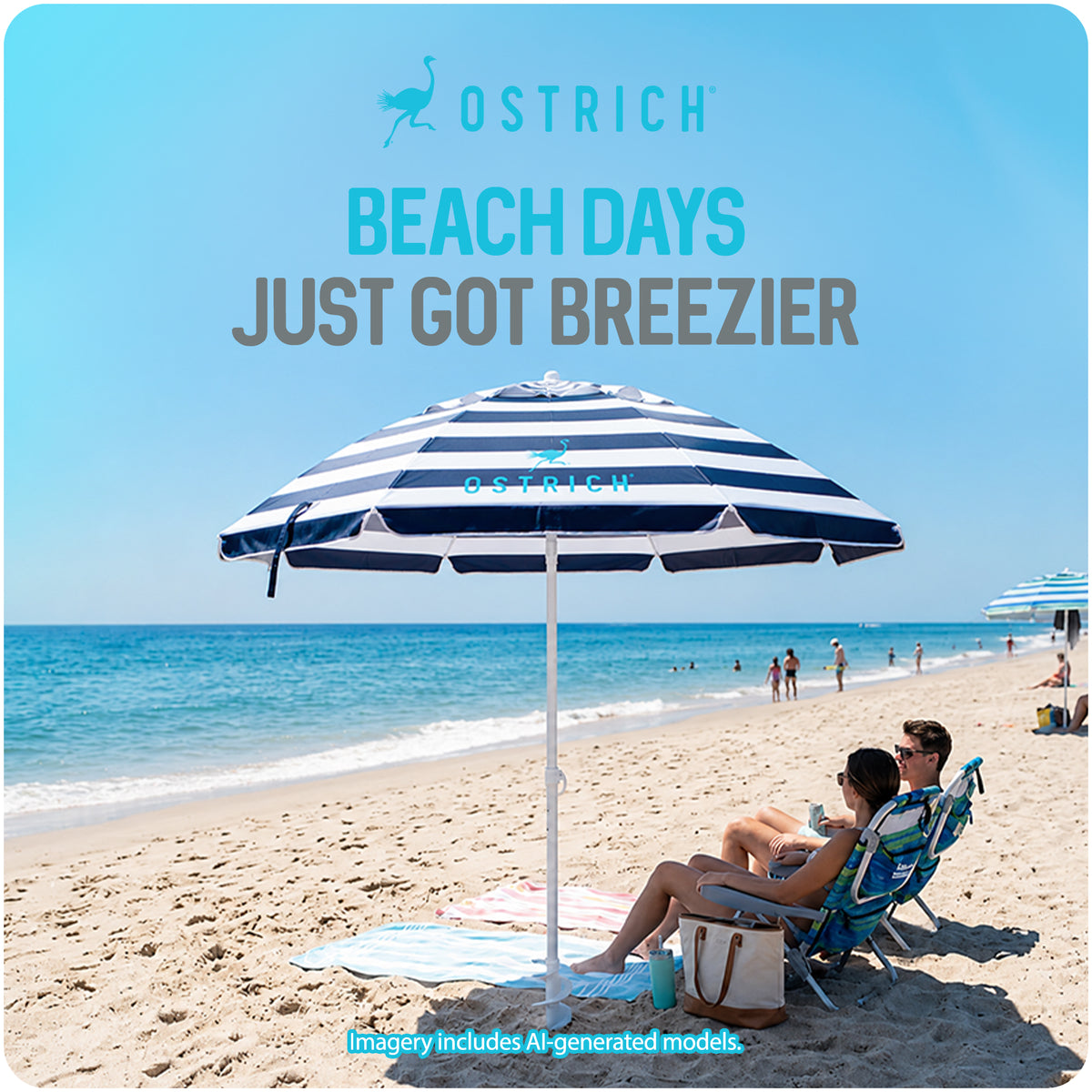 Ostrich The Deluxe Umbrella, 7 ft Beach Umbrella w/Sand Auger, Navy Blue (Used)