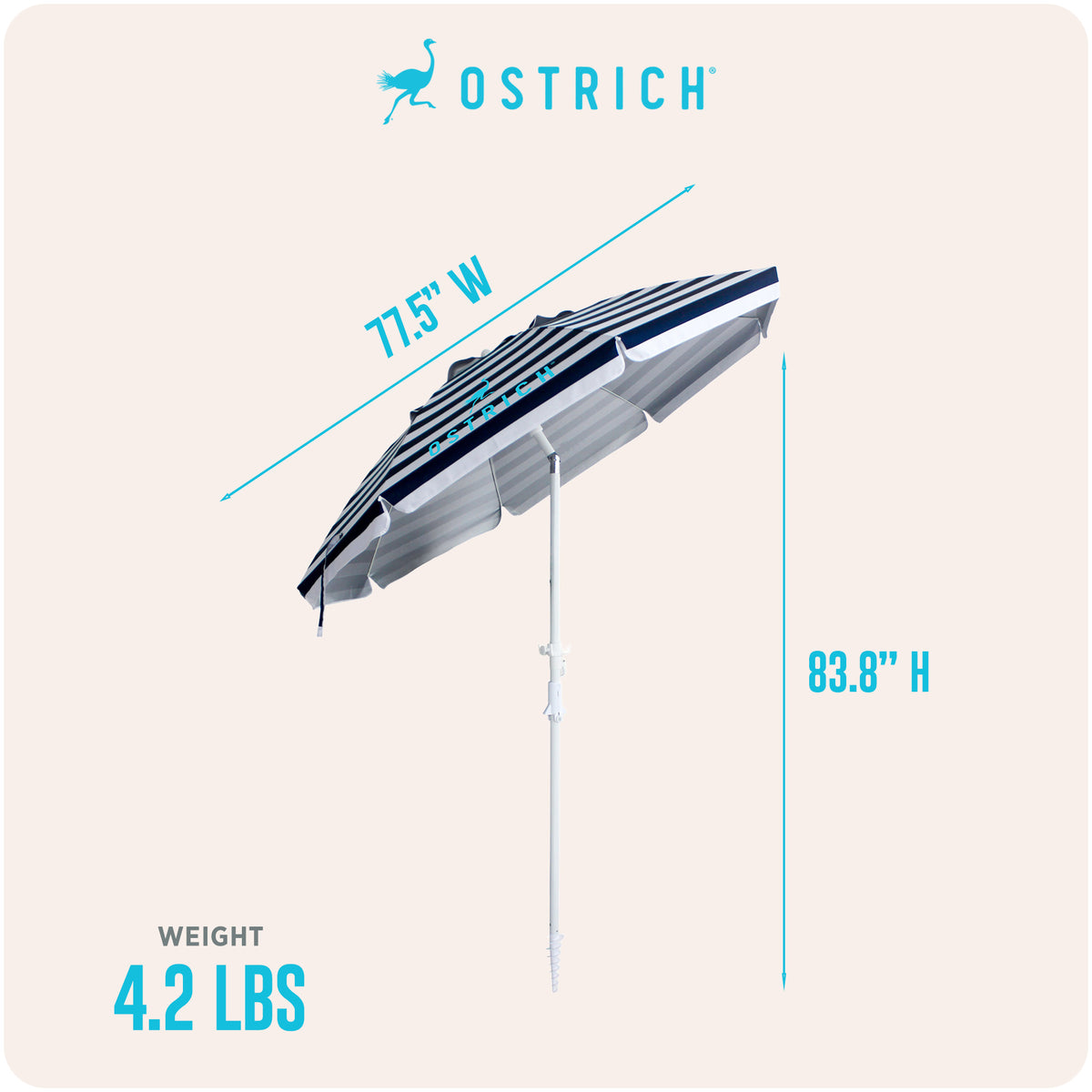 Ostrich The Deluxe Umbrella, 7 ft Beach Umbrella w/Sand Auger, Navy Blue Stripe