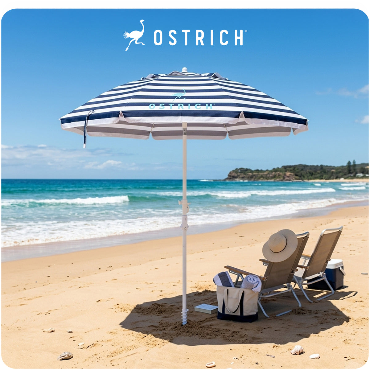 Ostrich The Deluxe Umbrella, 7 ft Beach Umbrella w/Sand Auger, Navy Blue (Used)