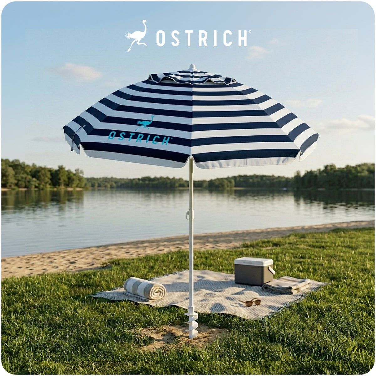 Ostrich The Deluxe Umbrella, 7 ft Beach Umbrella w/Sand Auger, Navy Blue Stripe