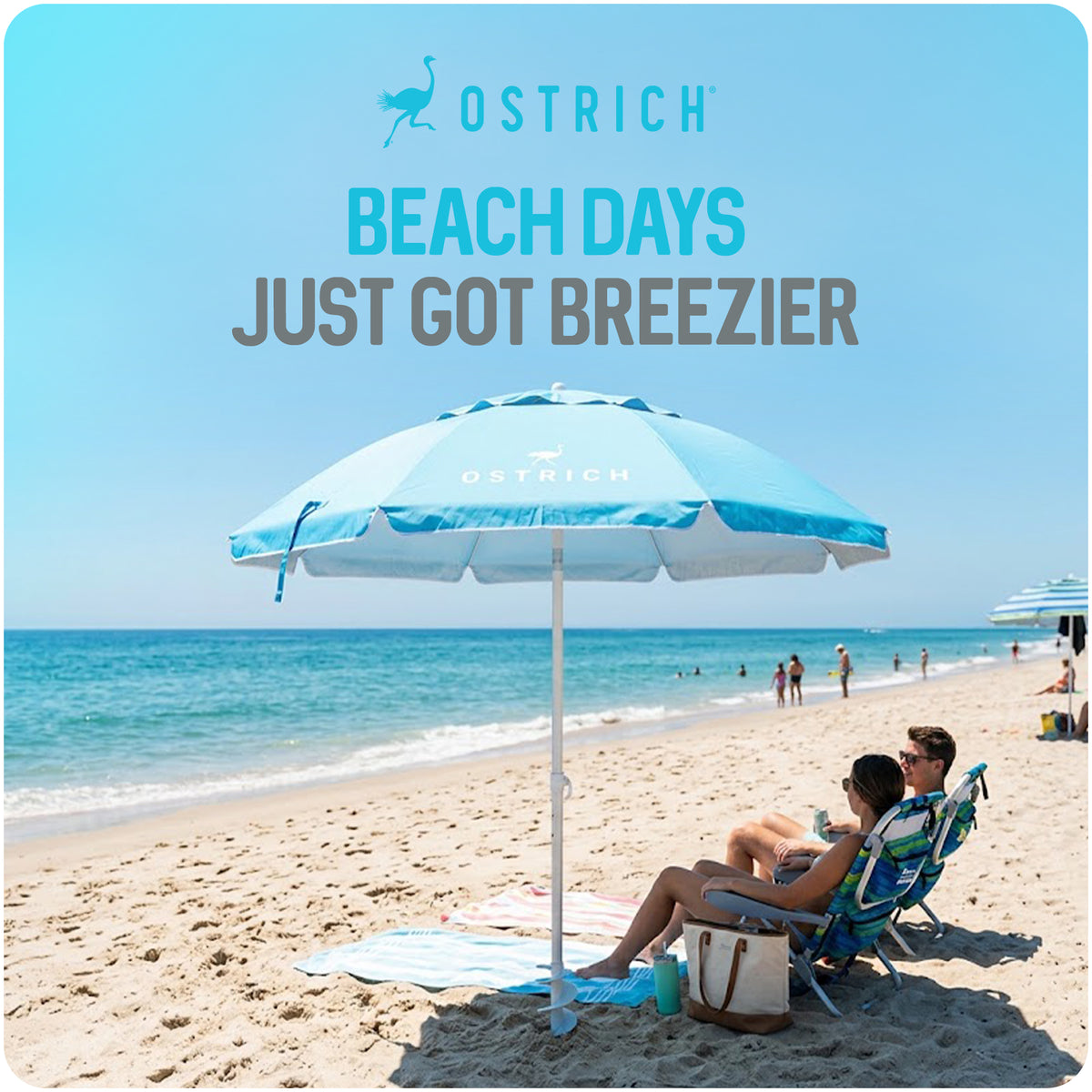 Ostrich The Deluxe Umbrella, 7 ft Beach Umbrella with Sand Auger, Light Blue - VMInnovations