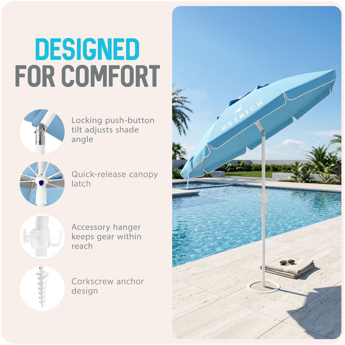 Ostrich The Deluxe Umbrella, 7 ft Beach Umbrella with Sand Auger, Light Blue - VMInnovations