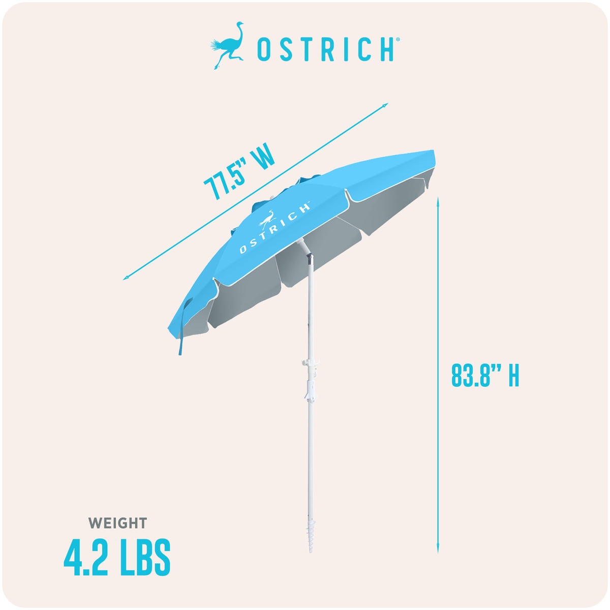 Ostrich The Deluxe Umbrella, 7 ft Beach Umbrella with Sand Auger, Light Blue (Open Box)