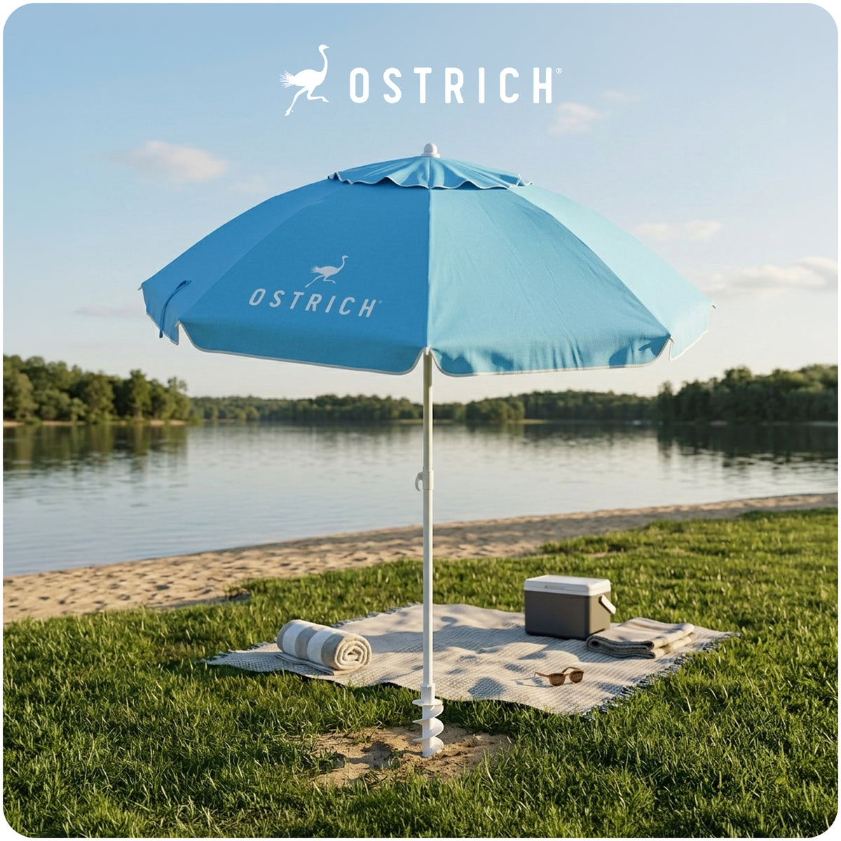 Ostrich The Deluxe Umbrella, 7 ft Beach Umbrella with Sand Auger, Light Blue - VMInnovations