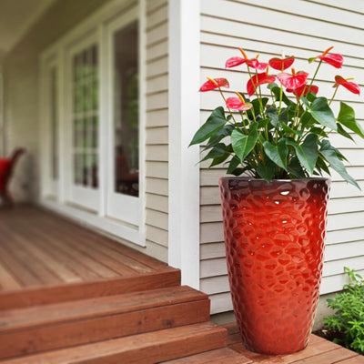 Worth 2 Pack 24" Tall Large Round Plastic Planter with Drainage Hole, Glossy Red - VMInnovations