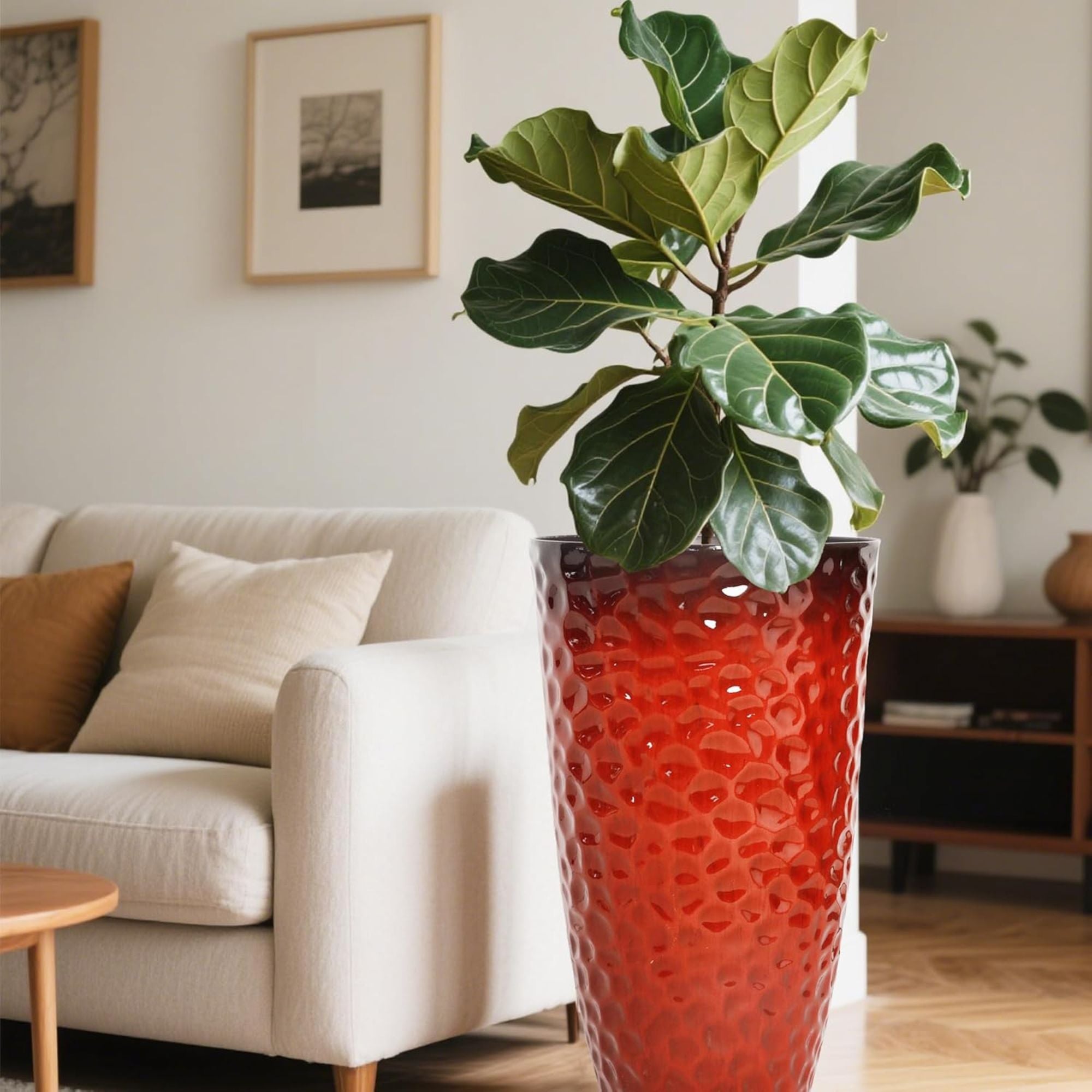 Worth 2 Pack 24" Tall Large Round Plastic Planter with Drainage Hole, Glossy Red - VMInnovations