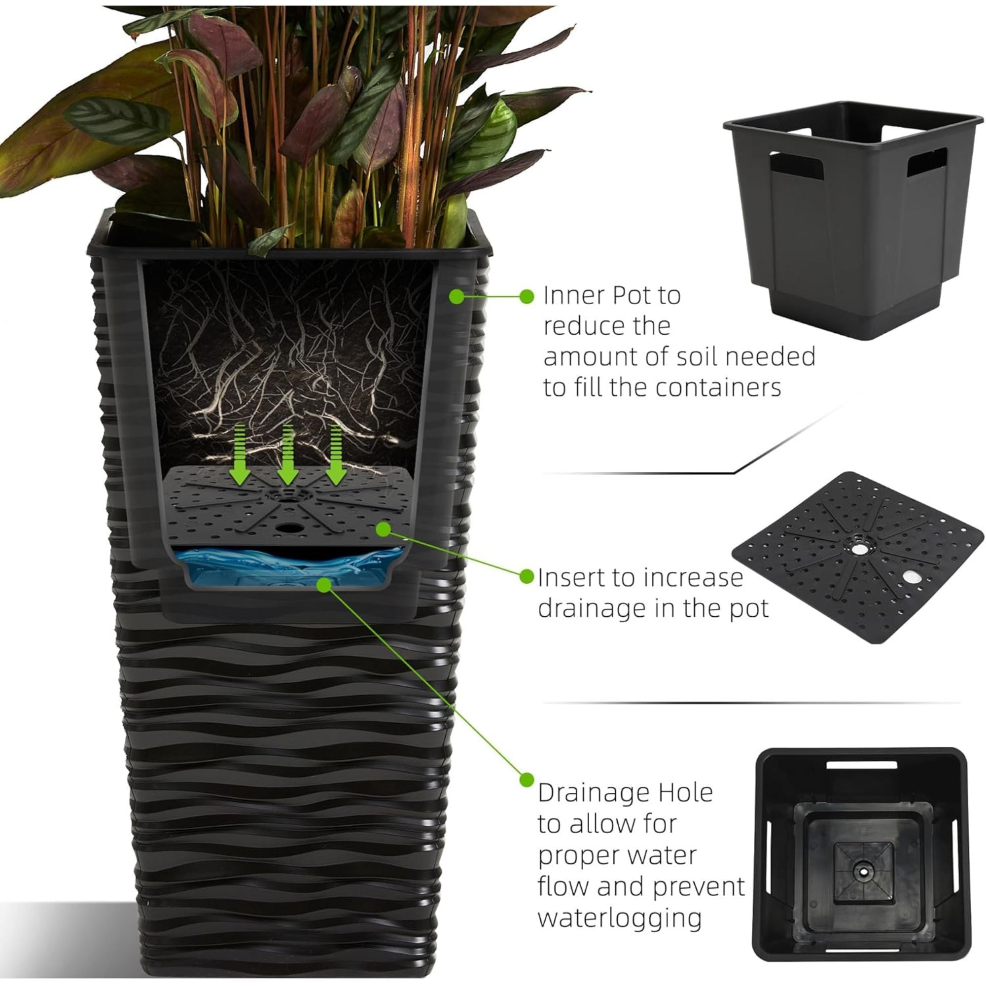 Worth 2 Pack 22" Tall Plastic Square Tapered Planter with Inside Pots (Open Box) - VMInnovations