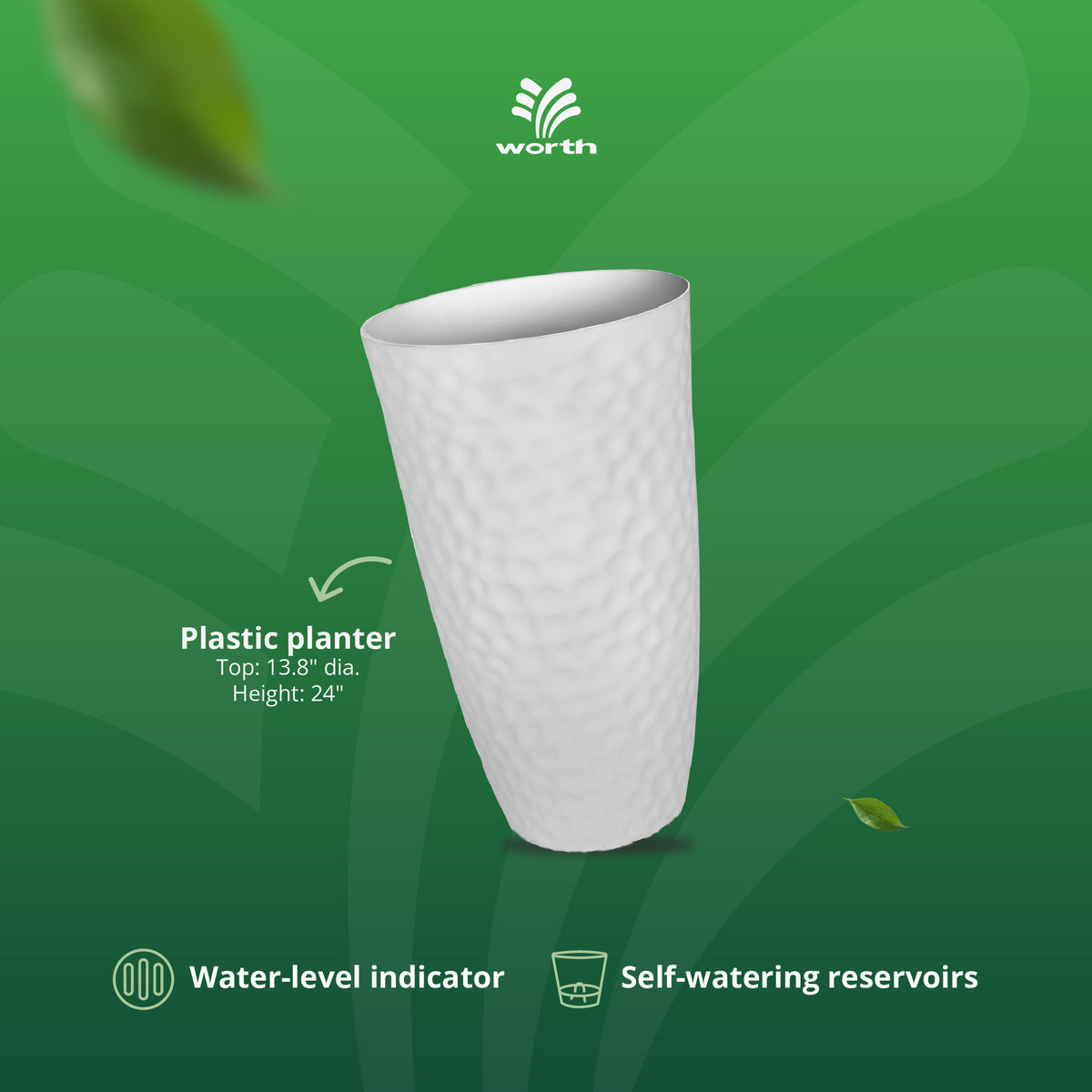 Worth 2 Pack 24" Tall Large Plastic Round Planter with Drainage Hole, White (Open Box)