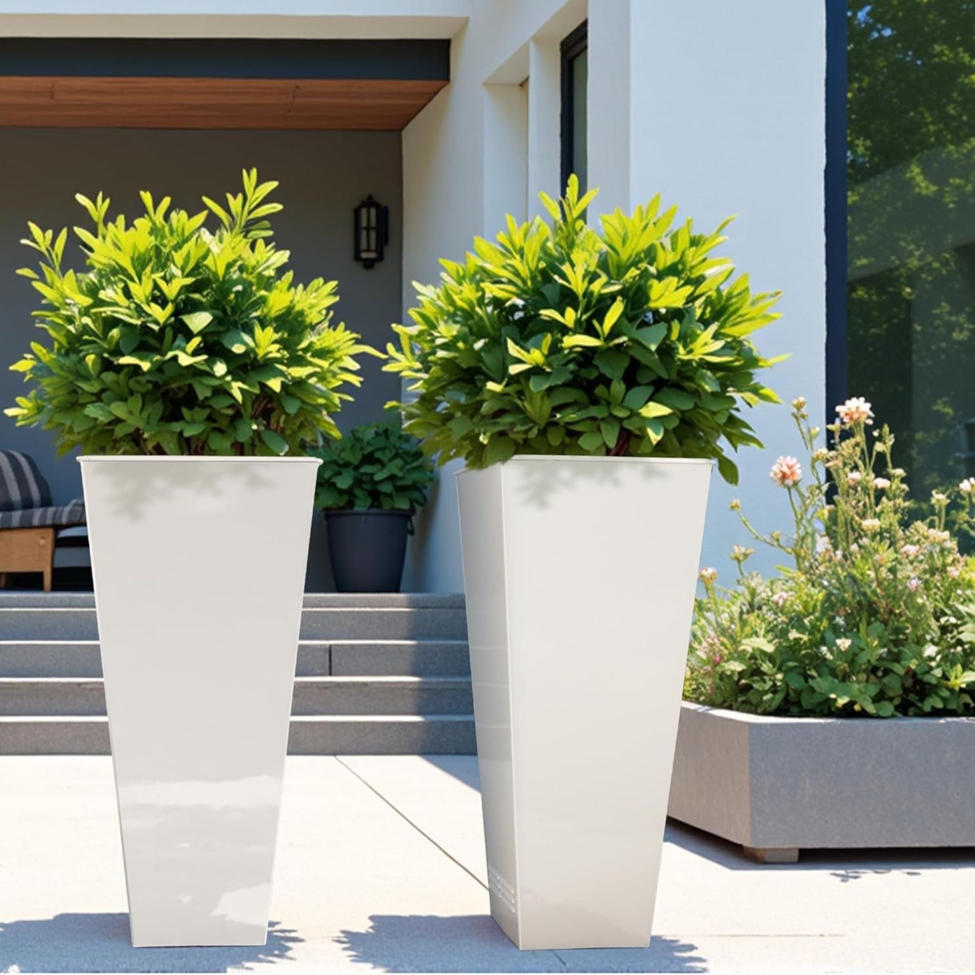 Worth 2 Pack 28" Tall Large Metal Planter, Tapered Steel Flower Pots, White - VMInnovations