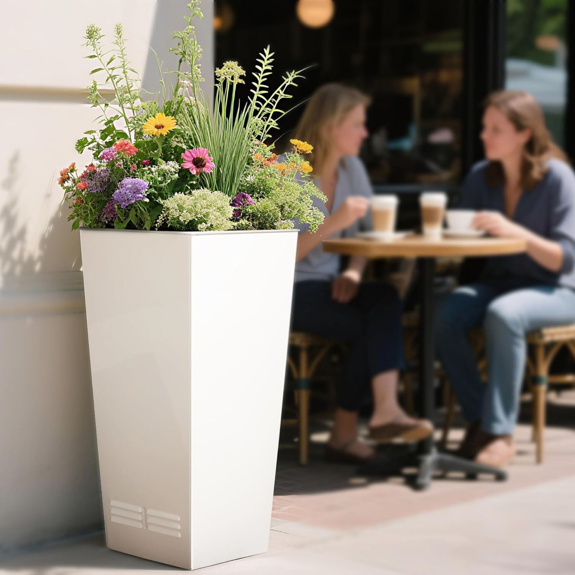 Worth 2 Pack 28" Tall Large Metal Planter, Tapered Steel Flower Pots, White - VMInnovations