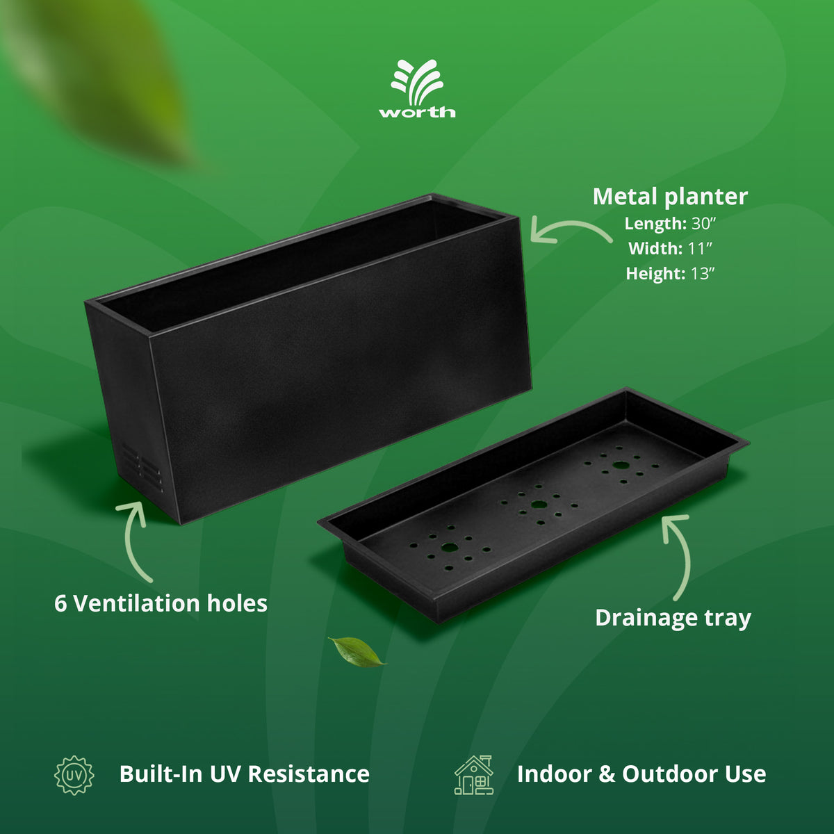 Worth Metal Planter w/Insert Plate & Drain Holes, 30" Long, Black (Open Box) - VMInnovations
