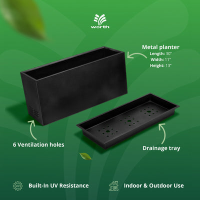 Worth Metal Planter w/Insert Plate & Drain Holes, 30" Long, Black (Open Box) - VMInnovations