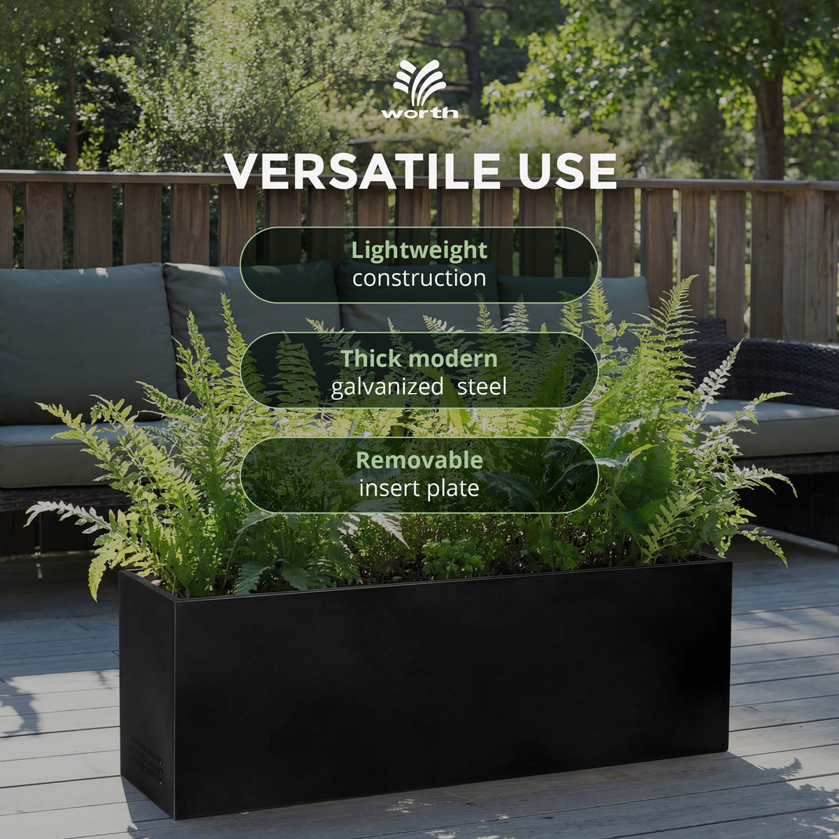 Worth Metal Planter w/Insert Plate & Drain Holes, 30" Long, Black (Open Box) - VMInnovations