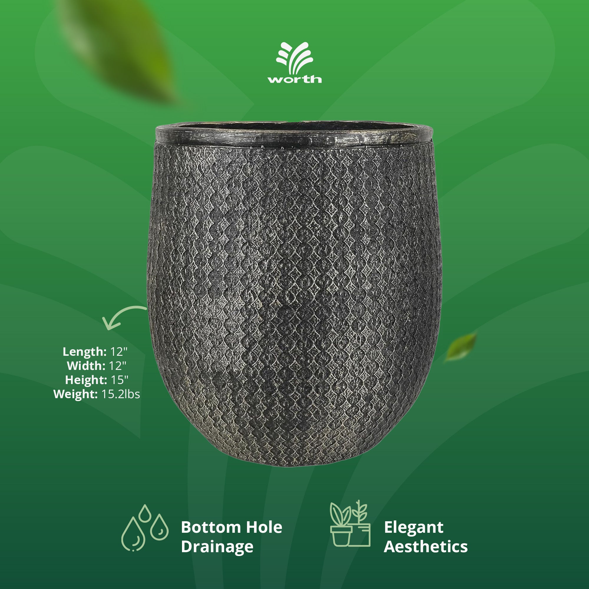 Worth 12" Round Planter, Lightweight Magnesium Oxide Cement Plant Pot, Black - VMInnovations