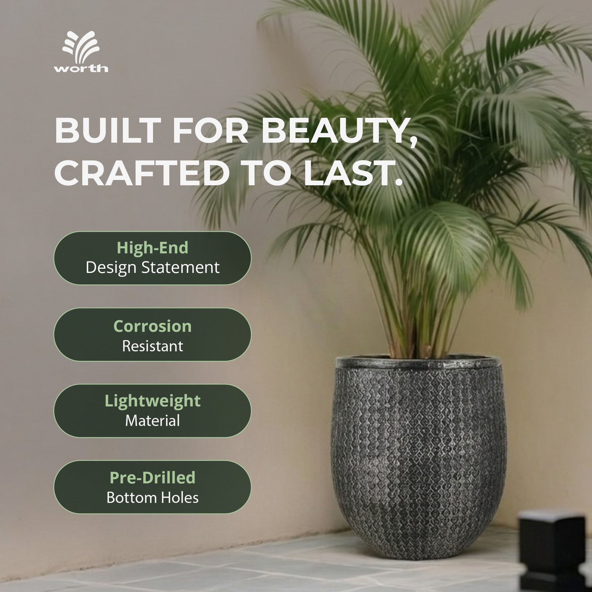 Worth 12" Round Planter, Lightweight Magnesium Oxide Cement Plant Pot, Black - VMInnovations