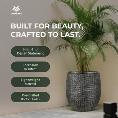 Worth 12" Round Planter, Lightweight Magnesium Oxide Cement Plant Pot, Black - VMInnovations