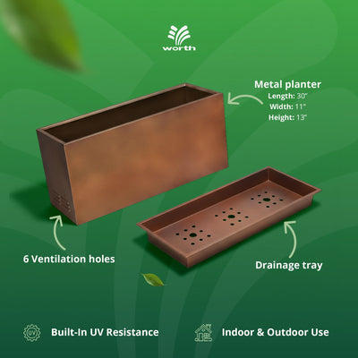 Worth Metal Planter Box with Insert Plate & Drain Holes, 30" Long, Matte Bronze - VMInnovations