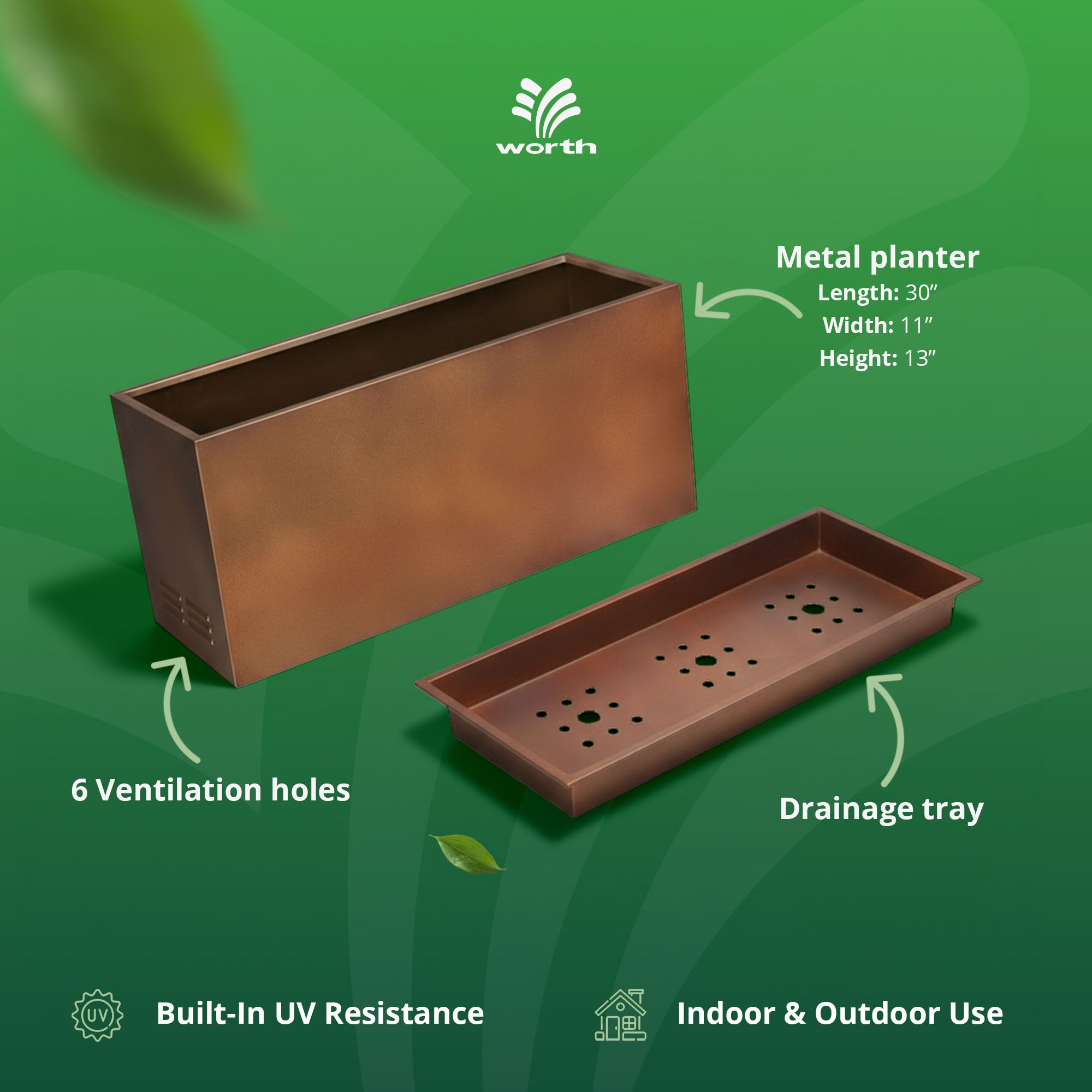 Worth Metal Planter Box with Insert Plate & Drain Holes, 30" Long (Open Box)