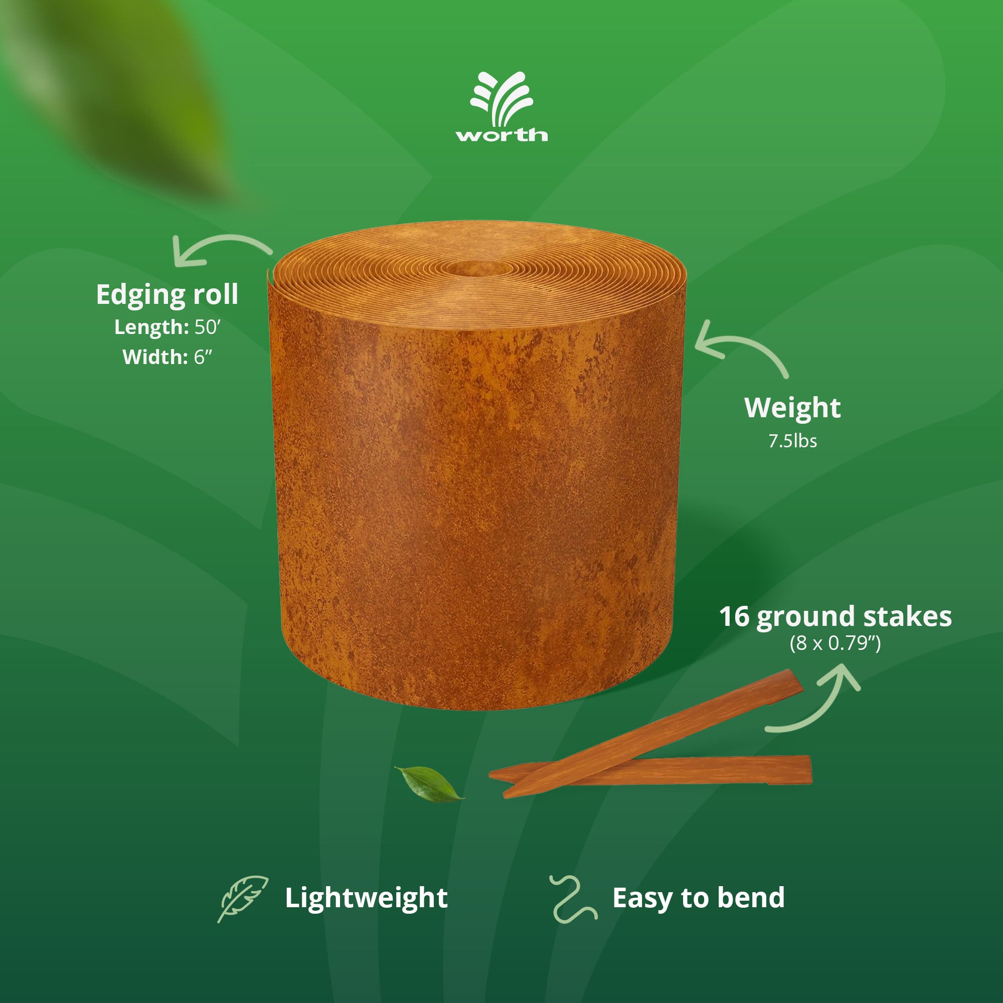 Worth Galvanized Steel Landscape Edging Roll with 16 Stakes, 6" x 50', Rust - VMInnovations