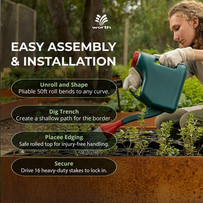 Worth Galvanized Steel Landscape Edging Roll with 8 Stakes, 4.5" x 50', Rust (Open Box)