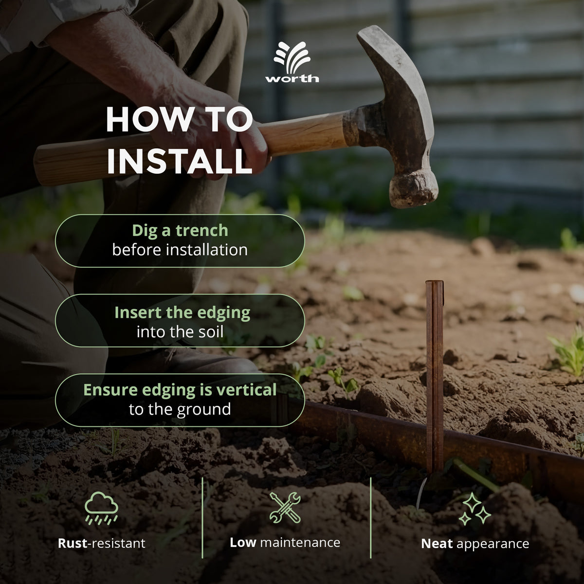 Worth Galvanized Steel Landscape Edging Roll w/16 Stakes, 8" x 50', (Open Box) - VMInnovations