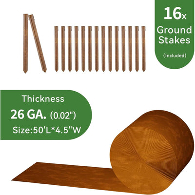 Worth Galvanized Steel Landscape Edging Roll with 16 Stakes, 4.5" x 50', Rust - VMInnovations